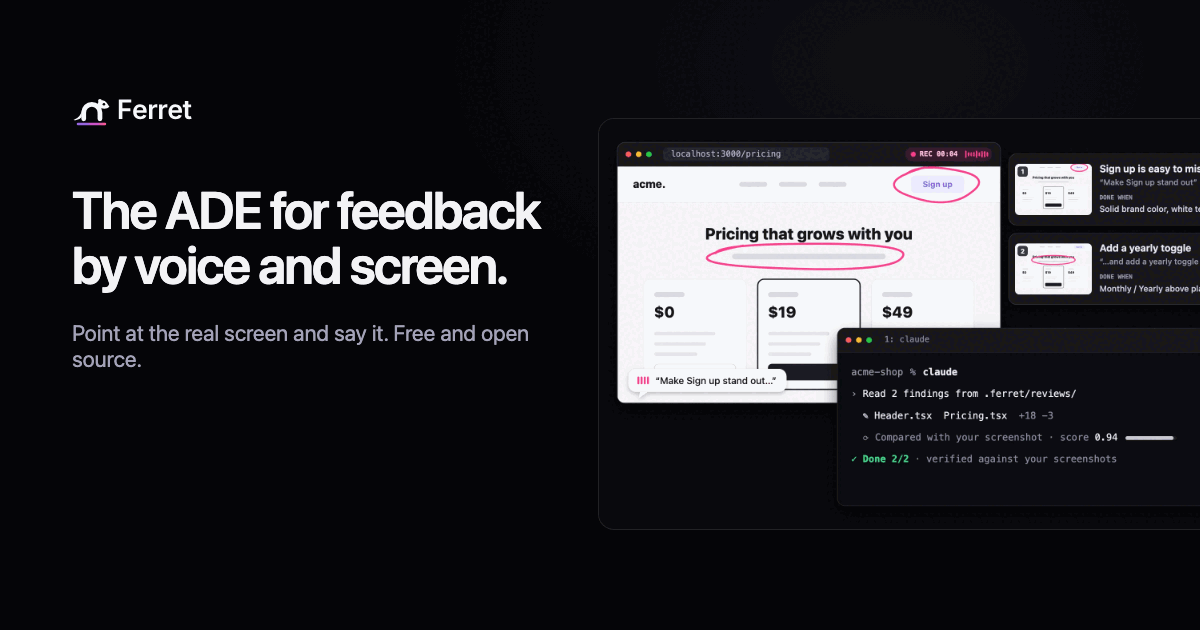 Ferretの画面イメージ。料金ページの「Sign up」をペンで囲むと2件の指摘が生成され、ターミナルのClaude Codeが「Done 2/2」と報告している。