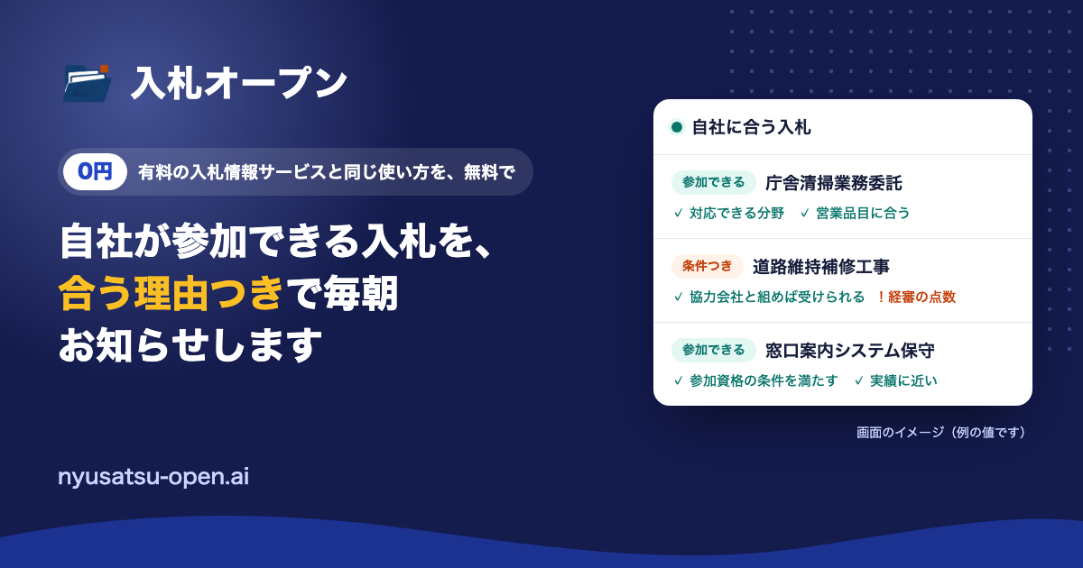 入札オープンの紹介画像。「自社が参加できる入札を、合う理由つきで毎朝お知らせします」の文字と、参加できる案件が理由つきで並ぶ画面のイメージ。